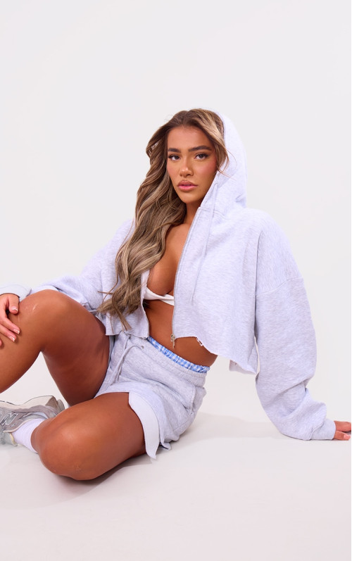 Сіра вкорочена оверсайз худі на блискавці