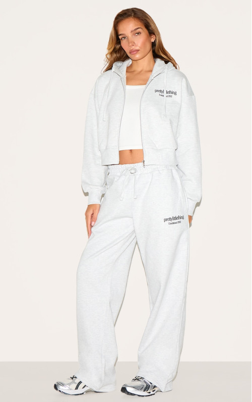 PrettyLittlething Ash Grey Premium Print Wide Neg Joggers