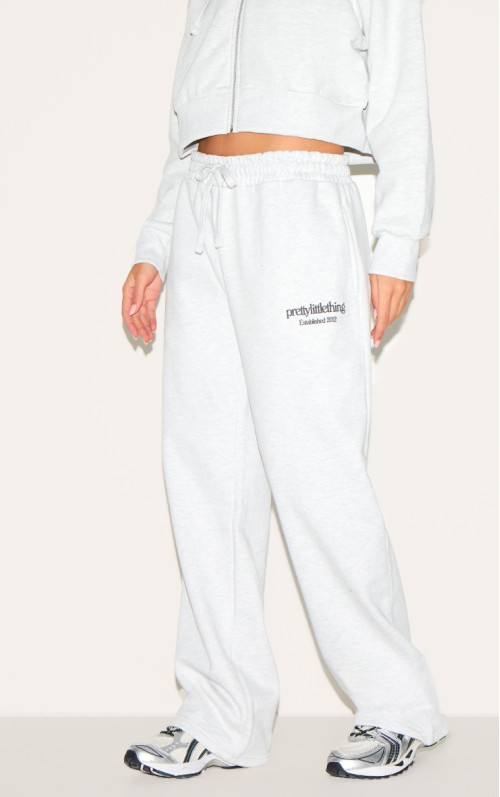 PrettyLittlething Ash Grey Premium Print Wide Neg Joggers