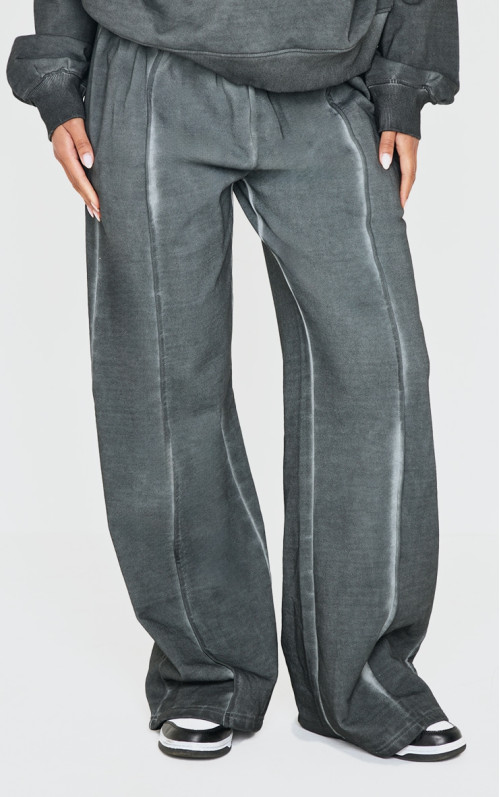 PRETTYLITTLETHING Washed Charcoal Premium Waist Wide Leg Joggers