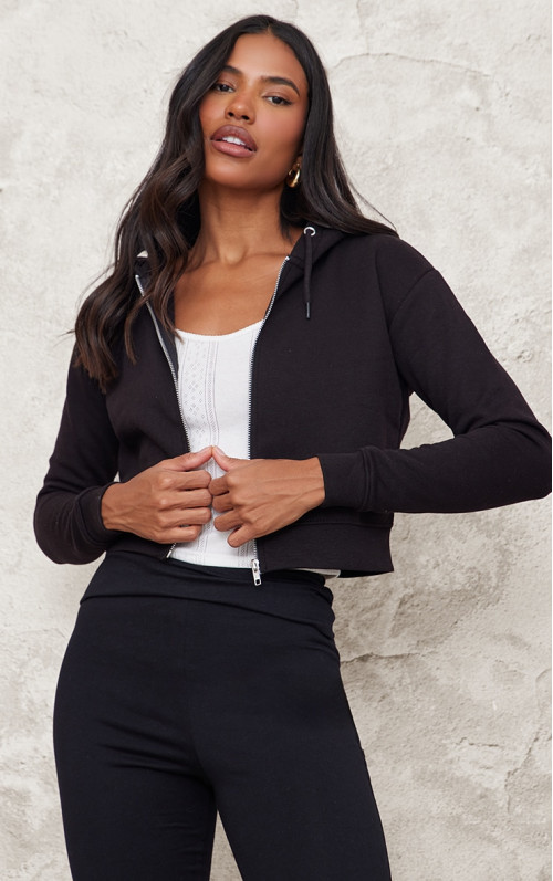 Чорний укорочений худі на блискавці