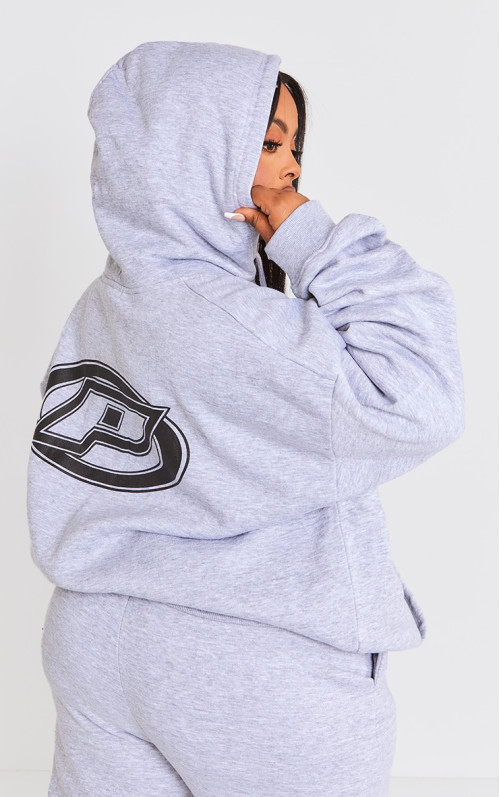 PrettyLittlething Plus Grey Marl Logo значок негабаритна блискавка через балахон