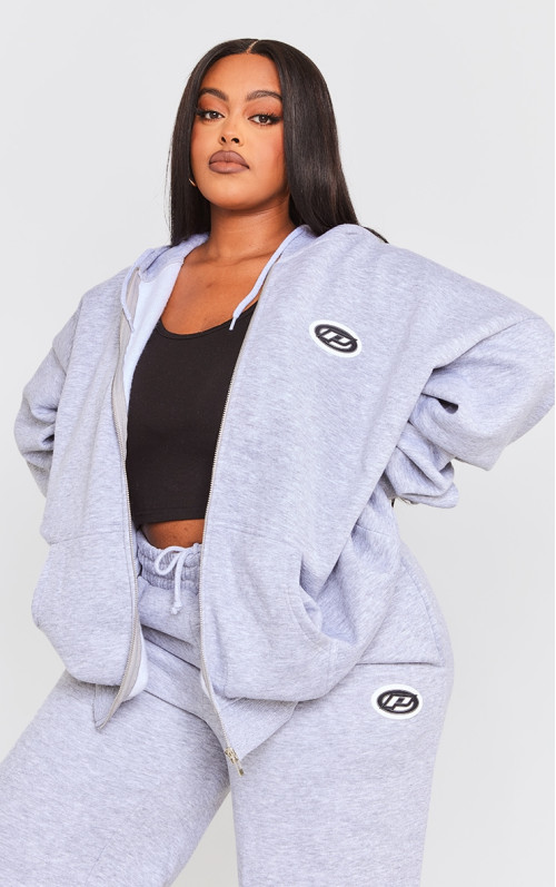 PrettyLittlething Plus Grey Marl Logo значок негабаритна блискавка через балахон