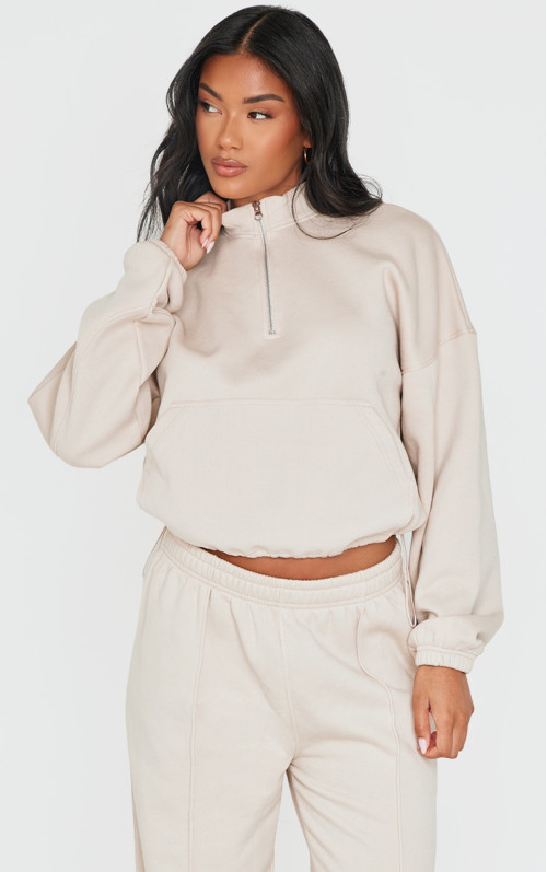 Бежева толстовка на половину блискавки з ребрами і кишенями