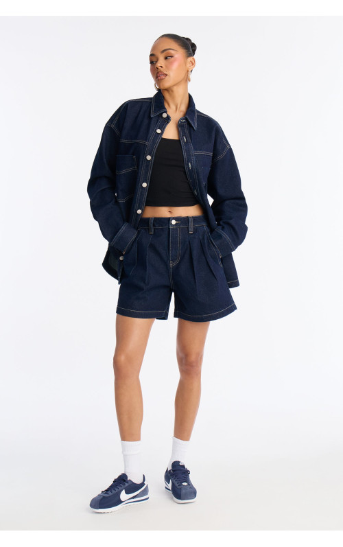 Night Borough Pleated Denim Shorts - Dark Wash