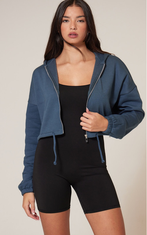 Чорнильно-синій укорочений худі на талії та блискавці