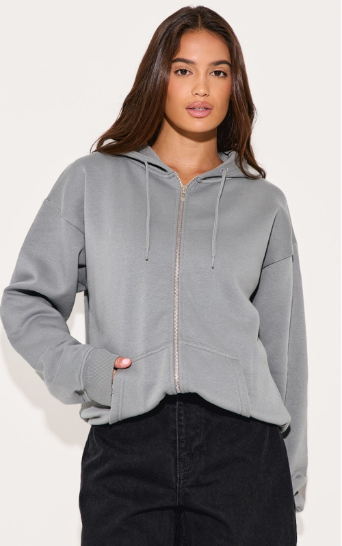 Світло -сірий негабаритний блискавок вгору простий передній балахон