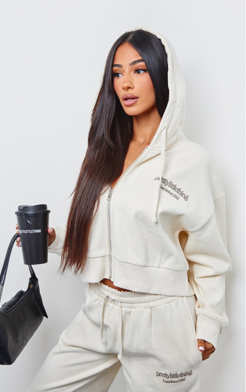 PrettyLittlething Petite Cream Premium Print Zip Front
