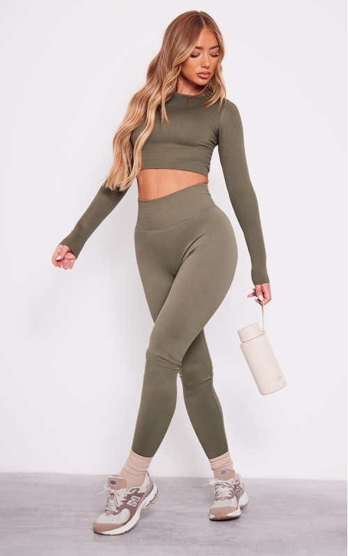 Оливкові базові безшовні легінси з високою талією