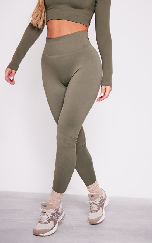 Оливкові базові безшовні легінси з високою талією