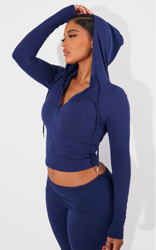 Темно-синій рельєфний худі на блискавці